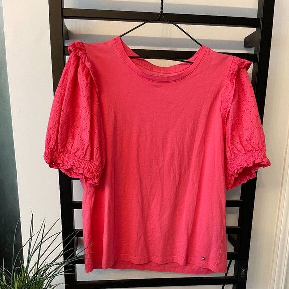 Tommy Hilfiger Women's Puff Sleeve Eyelet Top – Hot Pink (Large) - Picture 1 of 5